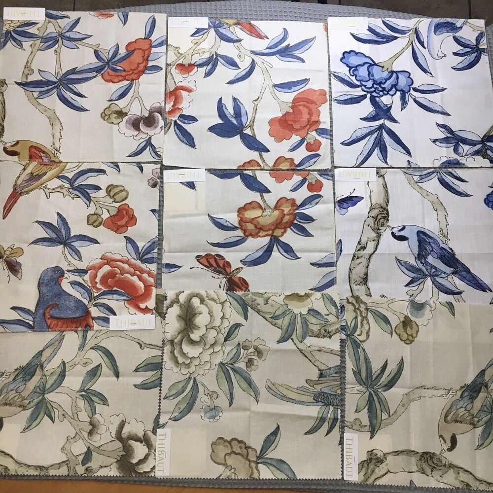 Thibaut 9pc Fabric Sample Swatches Linen Cotton  Floral Birds Garden Crafting
